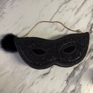 KATE SPADE Black 3D MASK CLUTCH Glitter DRESS THE PART Saffiano LEATHER